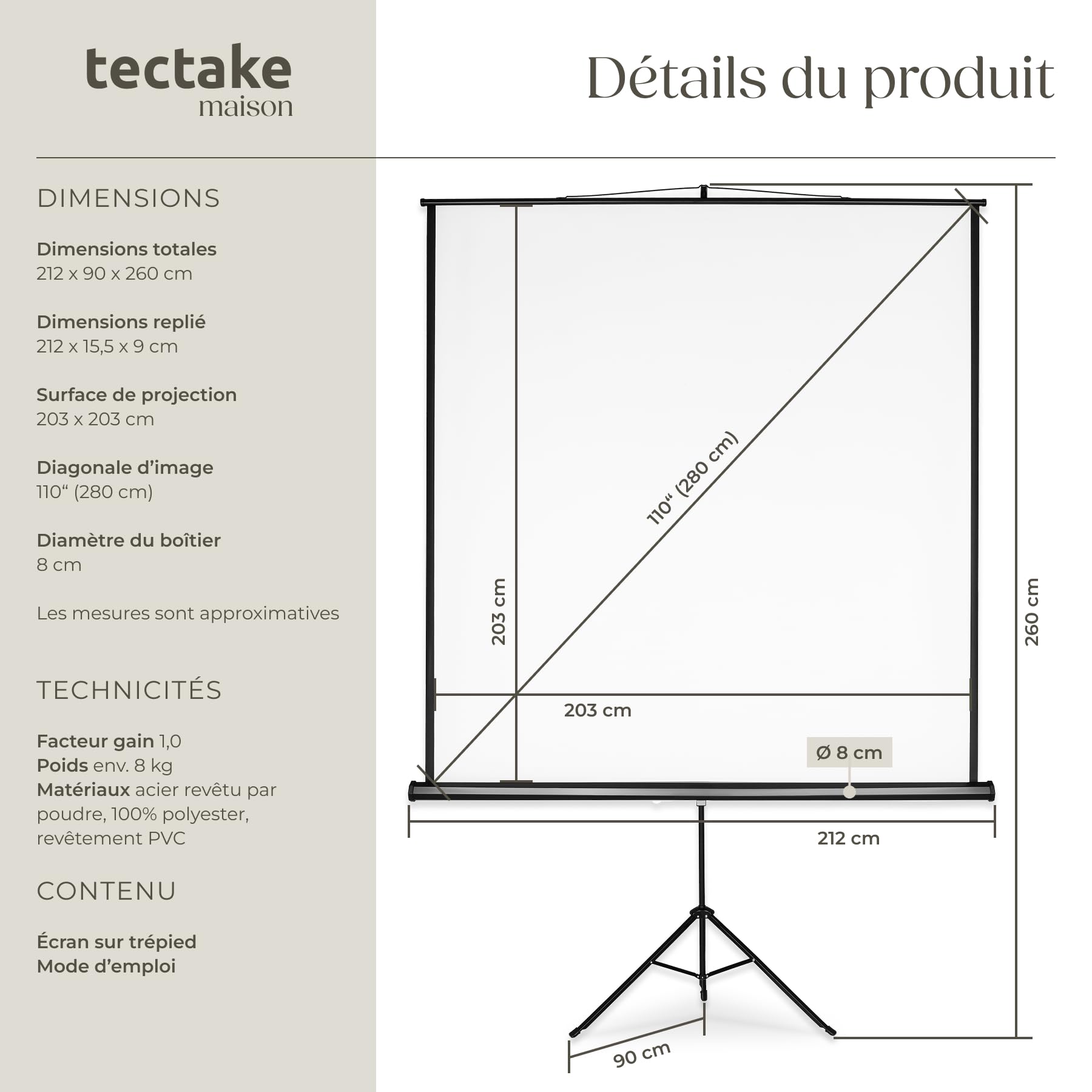 tectake® Écran de Projection avec trépied 203 x 203 cm, Toile projecteur 110" Format 1:1/16:9/4:3, Compatible HDTV et 3D, Ecran Projection rétractable pour videoprojecteur, Facteur de Gain 1.0