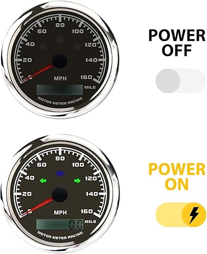 Miniatura 2 de MOTOR METER RACING W Pro 3.346 in 3-38" GPS Velocímetro con señal de giro de haz alto 160 MPH Negro Dial blanco LED Digital Odómetro impermeable