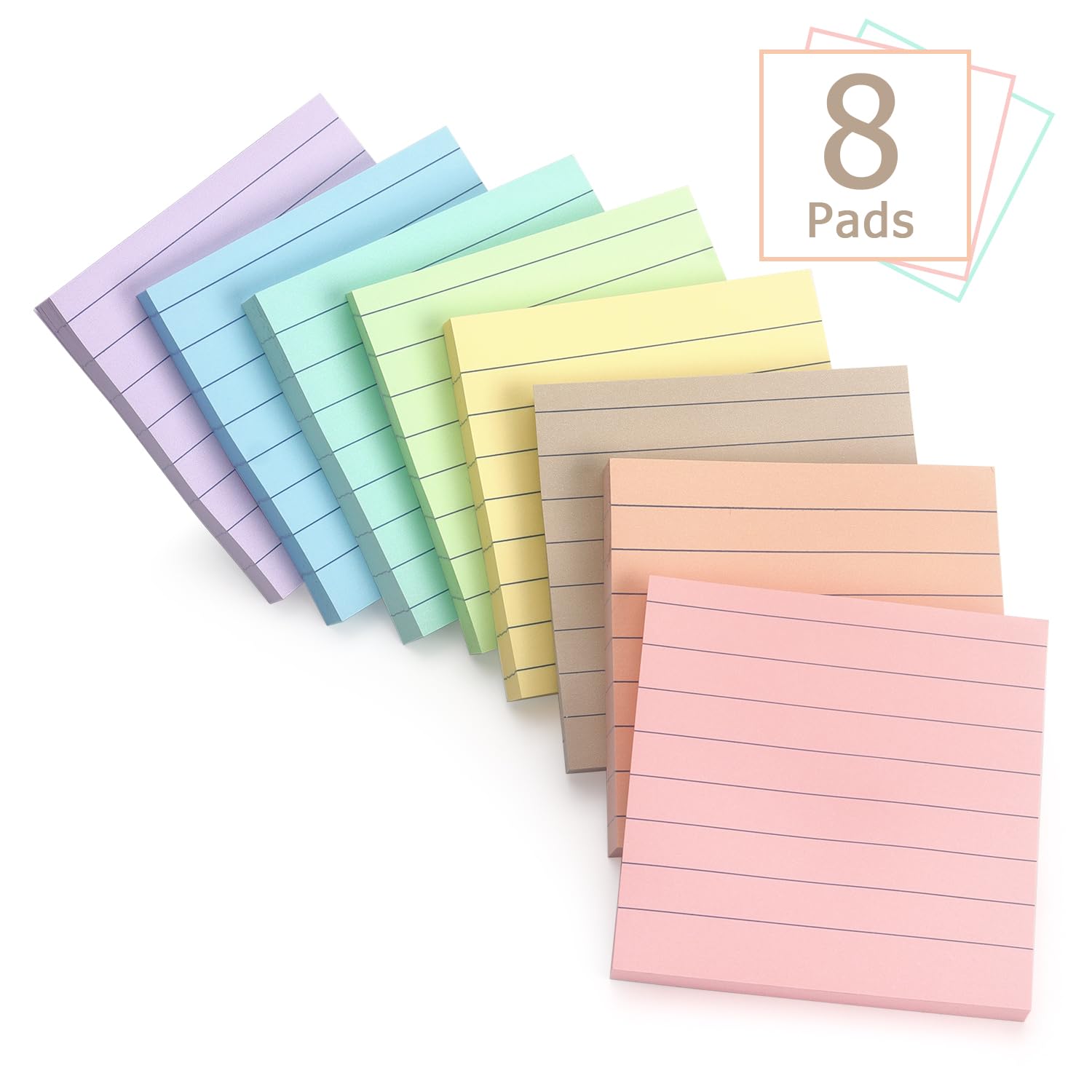 Foglietti adesivi a righe, 7,6 x 7,6 cm, confezione da 8 pezzi, colori chiari, di alta qualità, autoadesivi, per ufficio, scuola e uso domestico, facili da usare, riutilizzabili e rimovibili