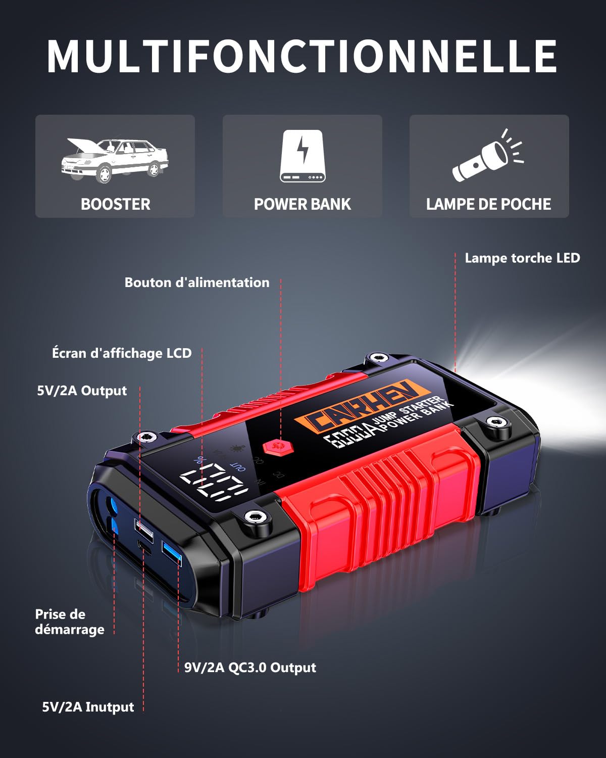 CARHEV Booster Batterie Voiture 6000A, 26800mAh Démarreur de Voiture (Jusqu’à 10L Essence & 10L Diesel), 12V Portable Jump Starter avec Lampe à LED, Grand Écran LCD, Pinces de Sûreté Intelligentes