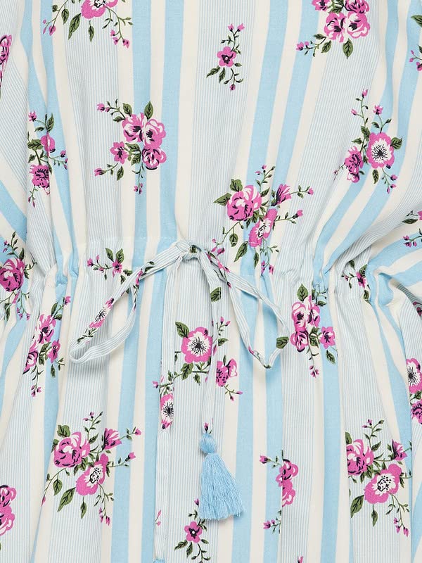 Caftan long en rayonne imprimé floral bleu Clovia tissu fluide et coupe ample