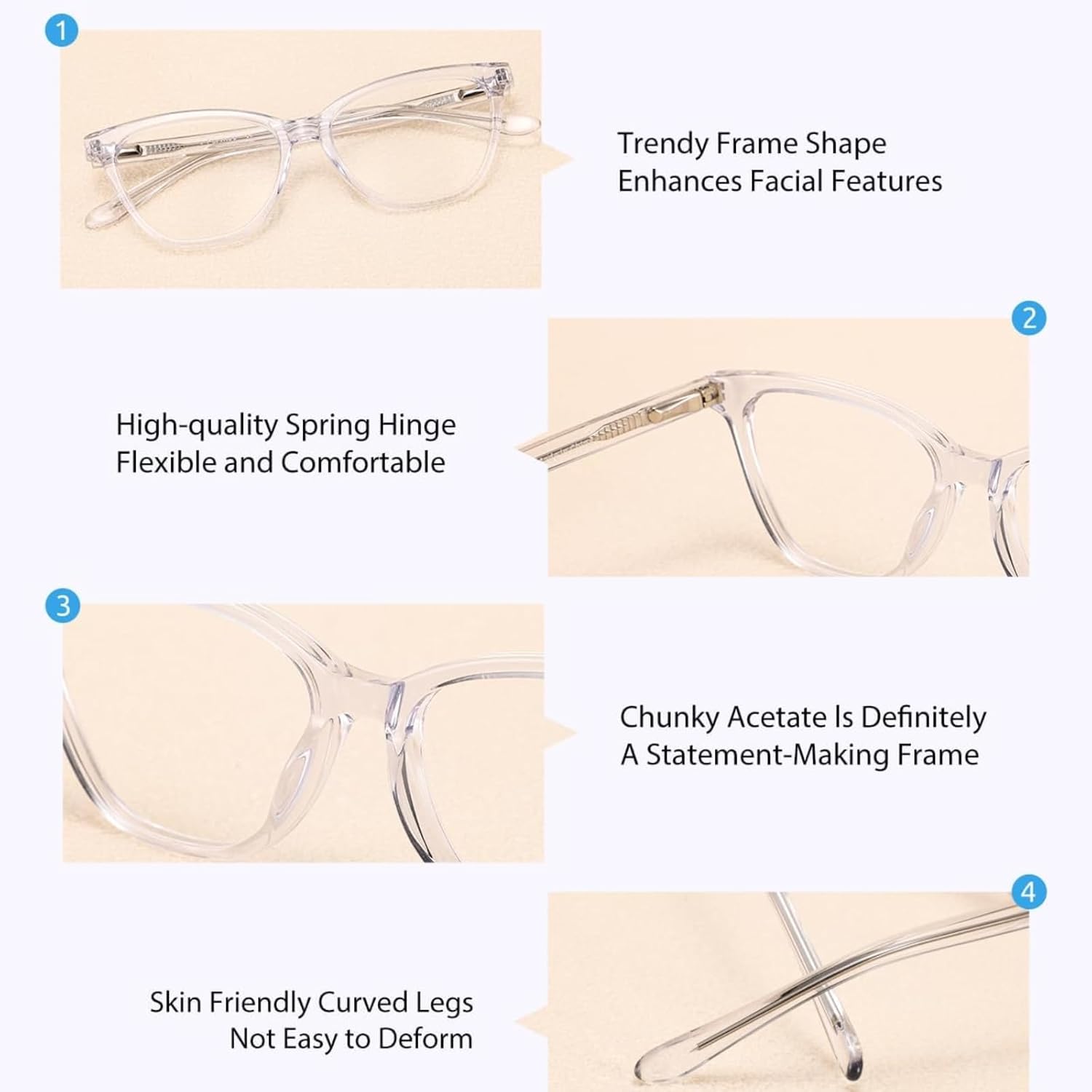 Firmoo Blue Light Blocking Glasses for Computer Reading Womens Cat Eye Acetate Frame Spring Hinge 0.0x Clear