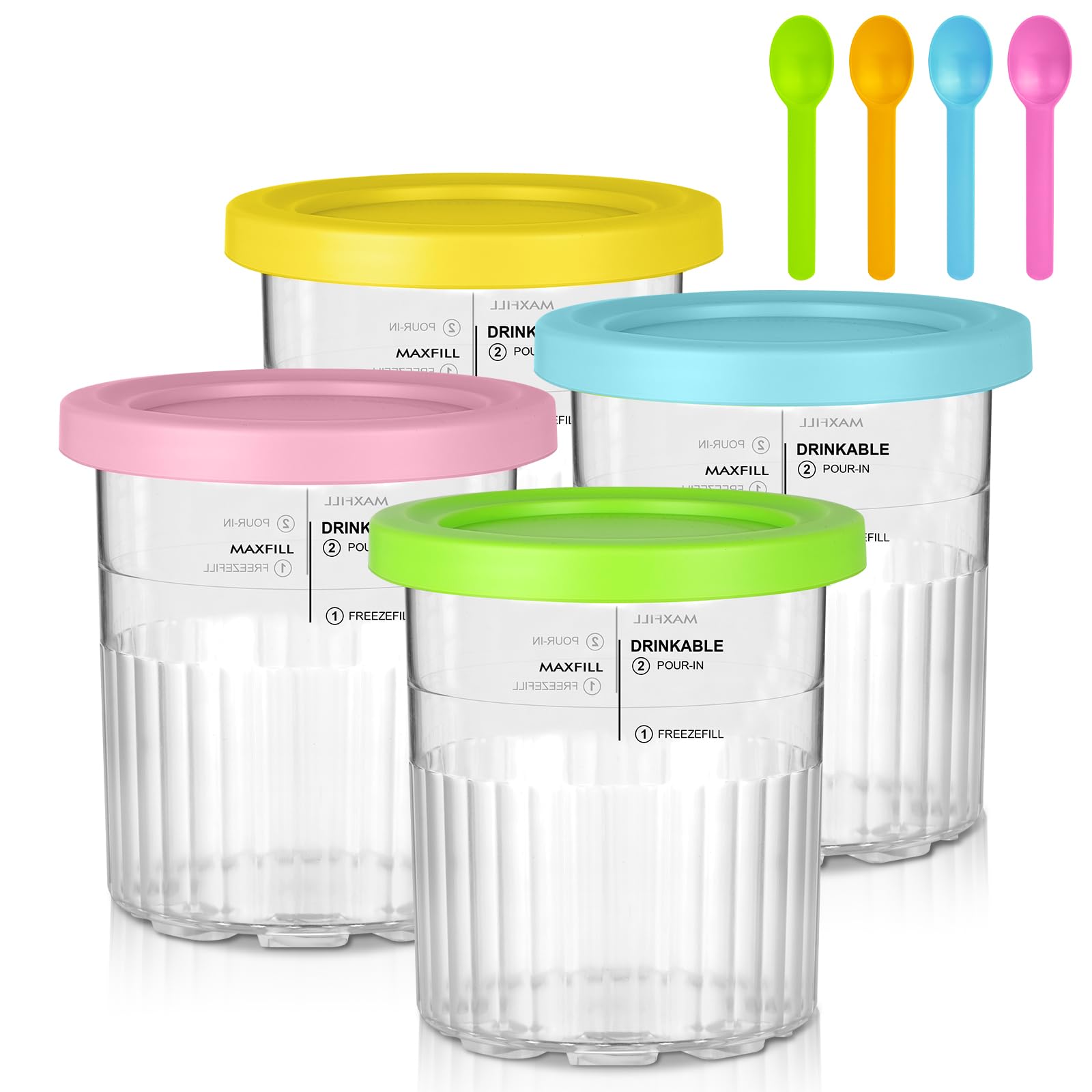 OFFCUP Ice Cream Pint Containers 24oz 4-Pack With Scoops - BPA-Free Reusable Cups for Ninja CREAMi Deluxe NC500 NC501 Series