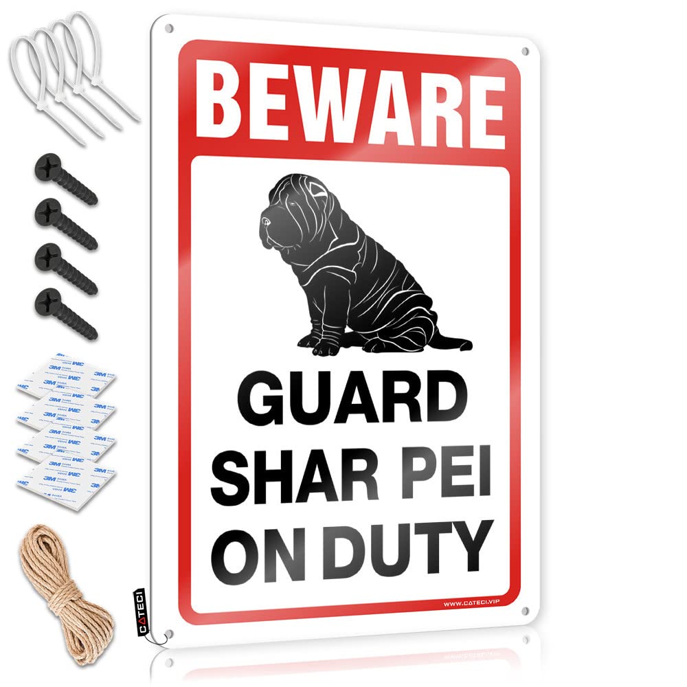 STWNVOITV Vintage Funny Tin Sign Beware! Guard Shar Pei On Duty Tin Sign Funny Signs Billiard Sign Decor(30X40CM)
