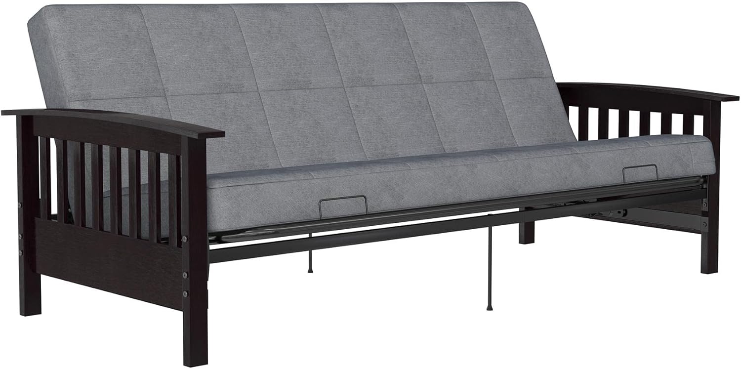 Gray Linen Reclining Futon with Dark Wood Arms and Metal Frame