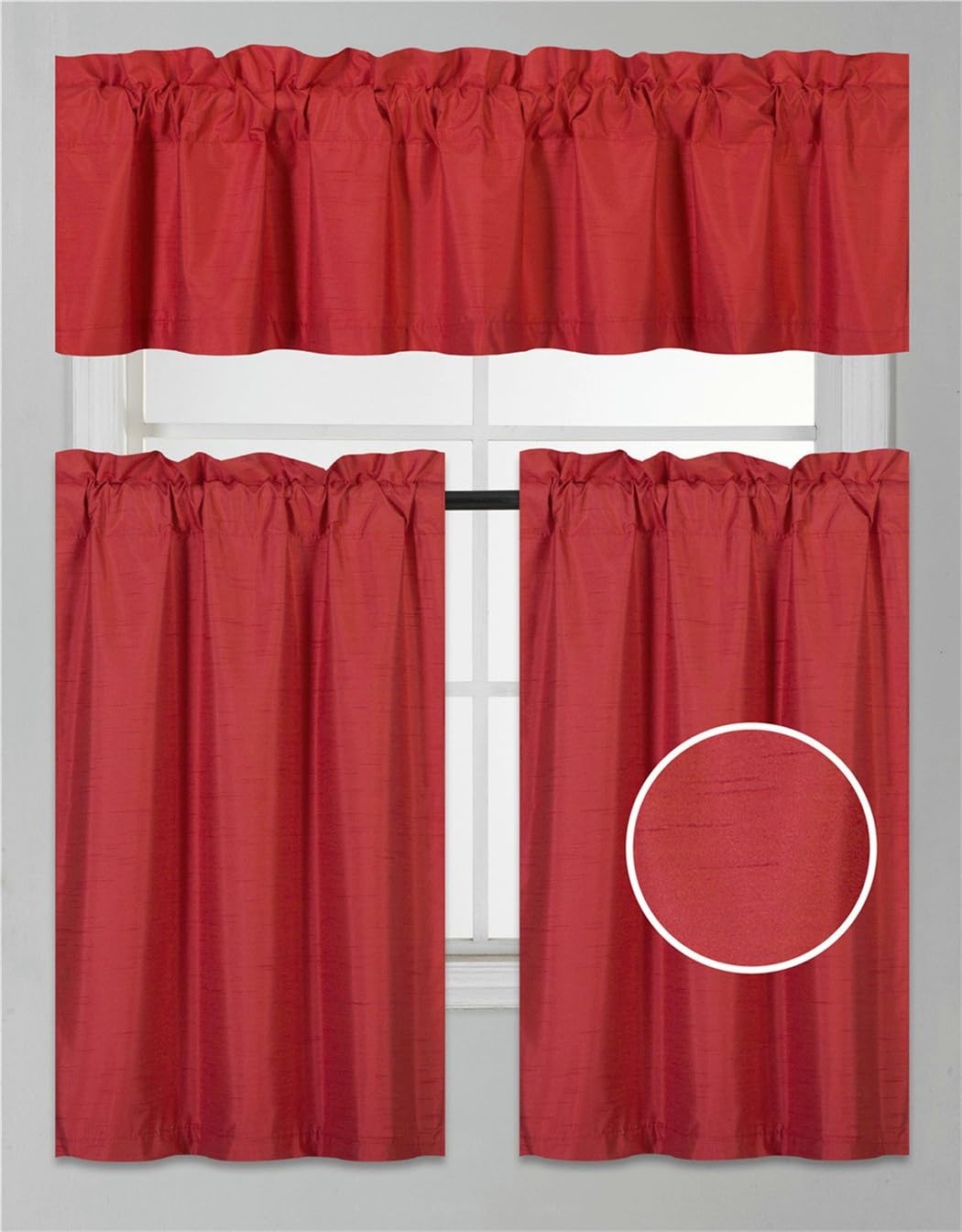 3Pc Set Solid Faux Silk Lined Blackout Rod Pocket Small Kitchen Window Curtain with Valance (K3) (RED)