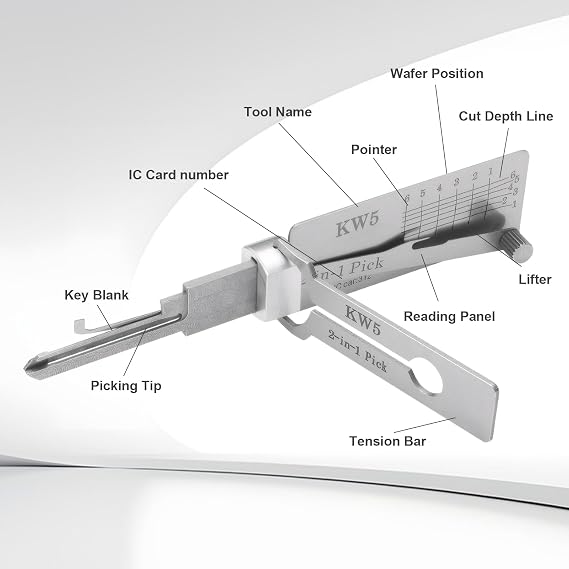 Stainless Steel Key Decoder Master Key Decoder 2-in-1 Lock Pick Precision Hook Pickup Combination (KW5) Silver