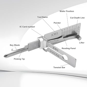 Stainless Steel Key Decoder Master Key Decoder 2-in-1 Lock Pick Precision Hook Pickup Combination (KW5) Silver