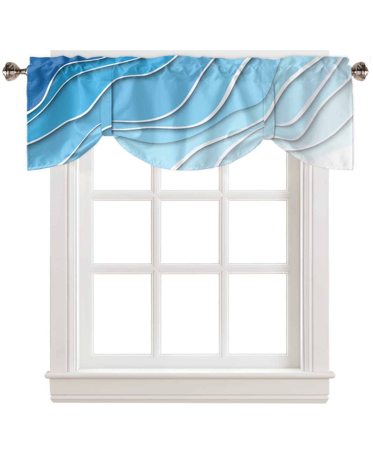 Blue Ombre Tie Up Valance Curtains for Windows, Modern Geometric Aqua Kitchen Curtains Window Treatments, Abstract Art Cream Aesthetic Short Window Shades Valances for Bedroom Bathroom Cafe 54"x18"