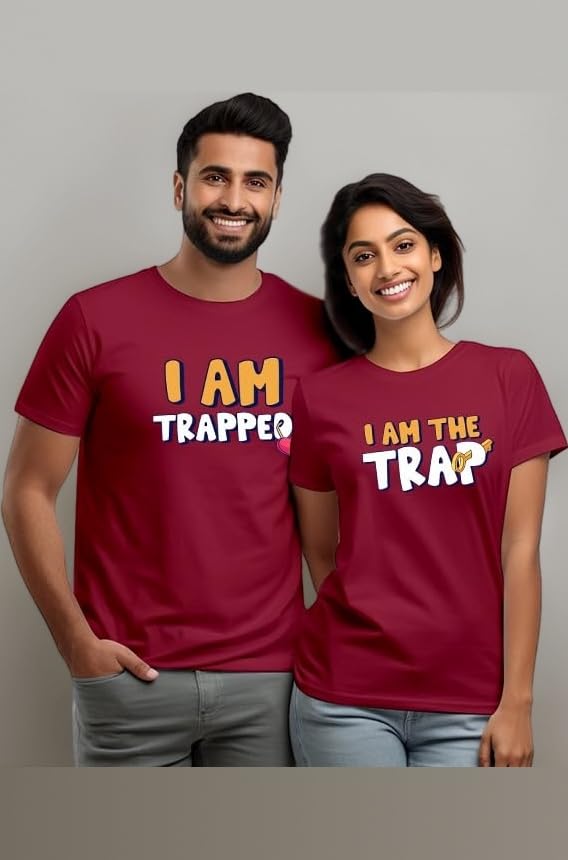 Couple T-Shirt for Couple| Anniversary | Cotton Printed Unisex T-Shirt| Husband Wife Printed T-Shirt | Valentine Printed Unisex T-Shirt (Design: Trapped)