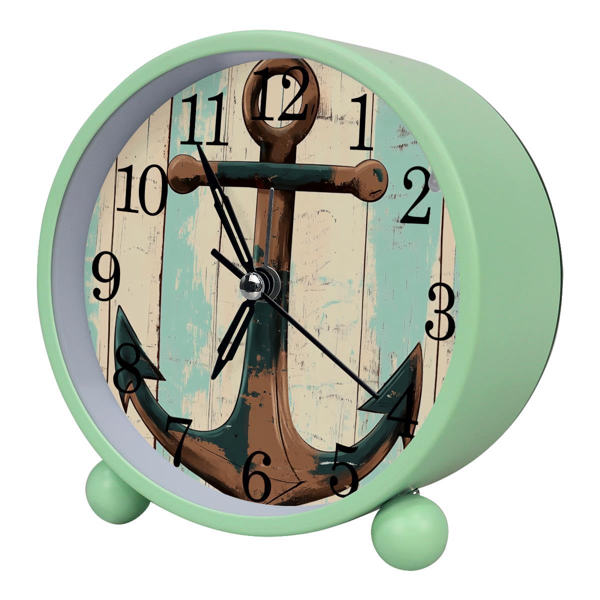 Luoweisi Alarm Clock Anchor on Rustic Wooden, Silent Non-Ticking with Night Light, Round Metal Alarm Clock for Office, Battery Operated, Bedroom, Elderly, Adults, Children, Student Gifts