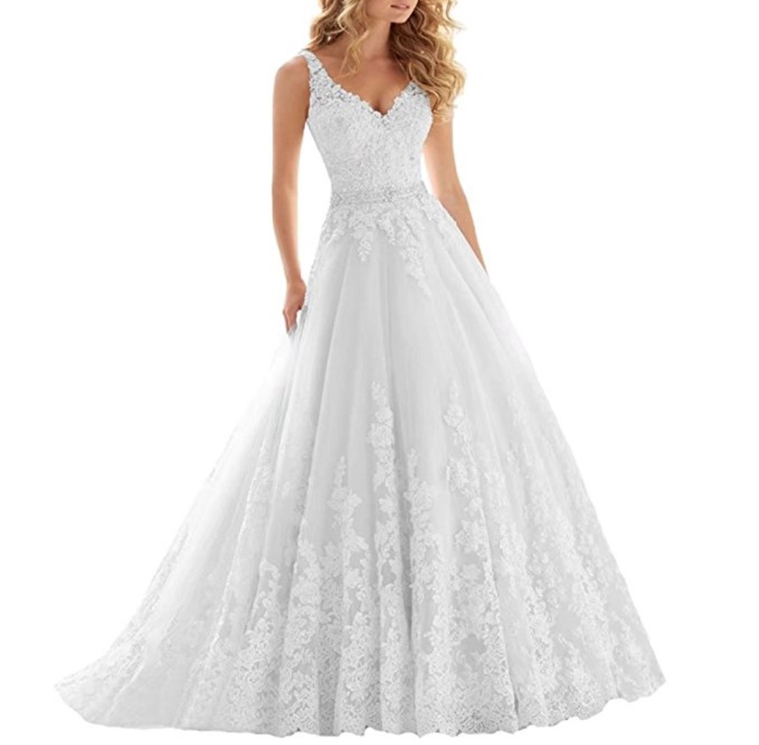 Vestito da Cerimonia Nuziale del Merletto del Collo del Merletto V Vestiti da Sposa in Rilievo Appliques Cinghie Abito da Sposa