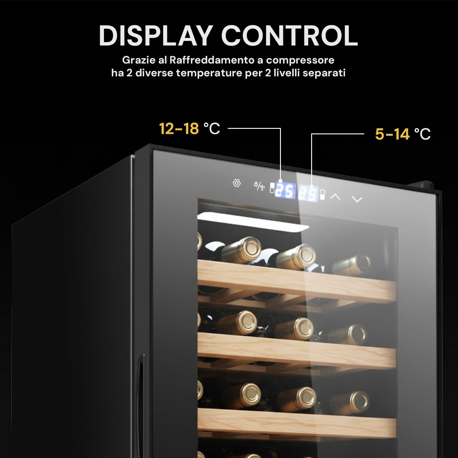 Wintem Vinoteca de vino refrigerada elegante – Doble temperatura personalizable, nevera termoeléctrica con pantalla LED táctil | Capacidad para 28 botellas de 82 l – Regalo de Navidad