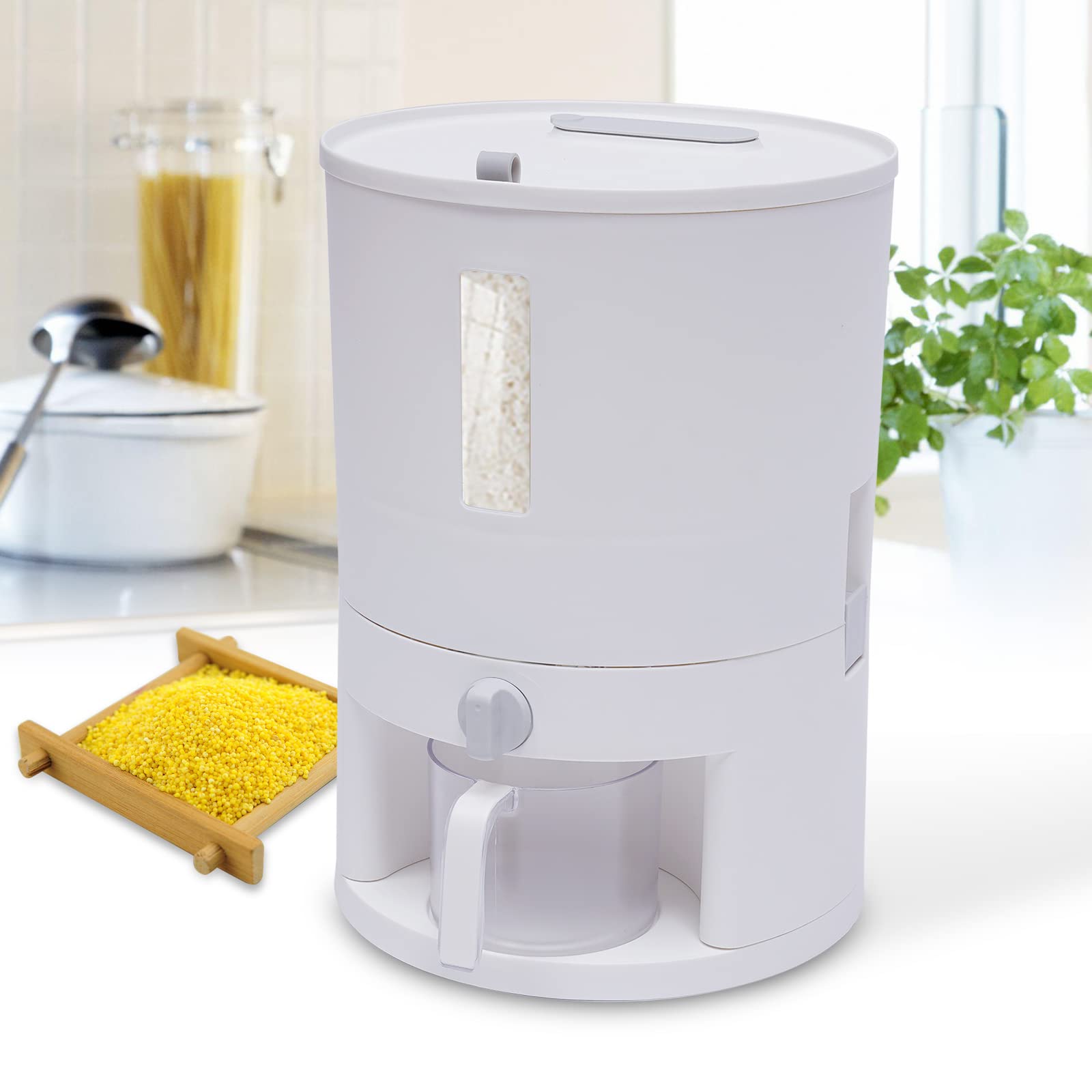 JOJOZOO Dispenser per riso da 12 kg, grande contenitore per cereali con misurino e scala temporale, contenitore per riso per uso domestico, senza BPA, per casa, cucina, dispensa