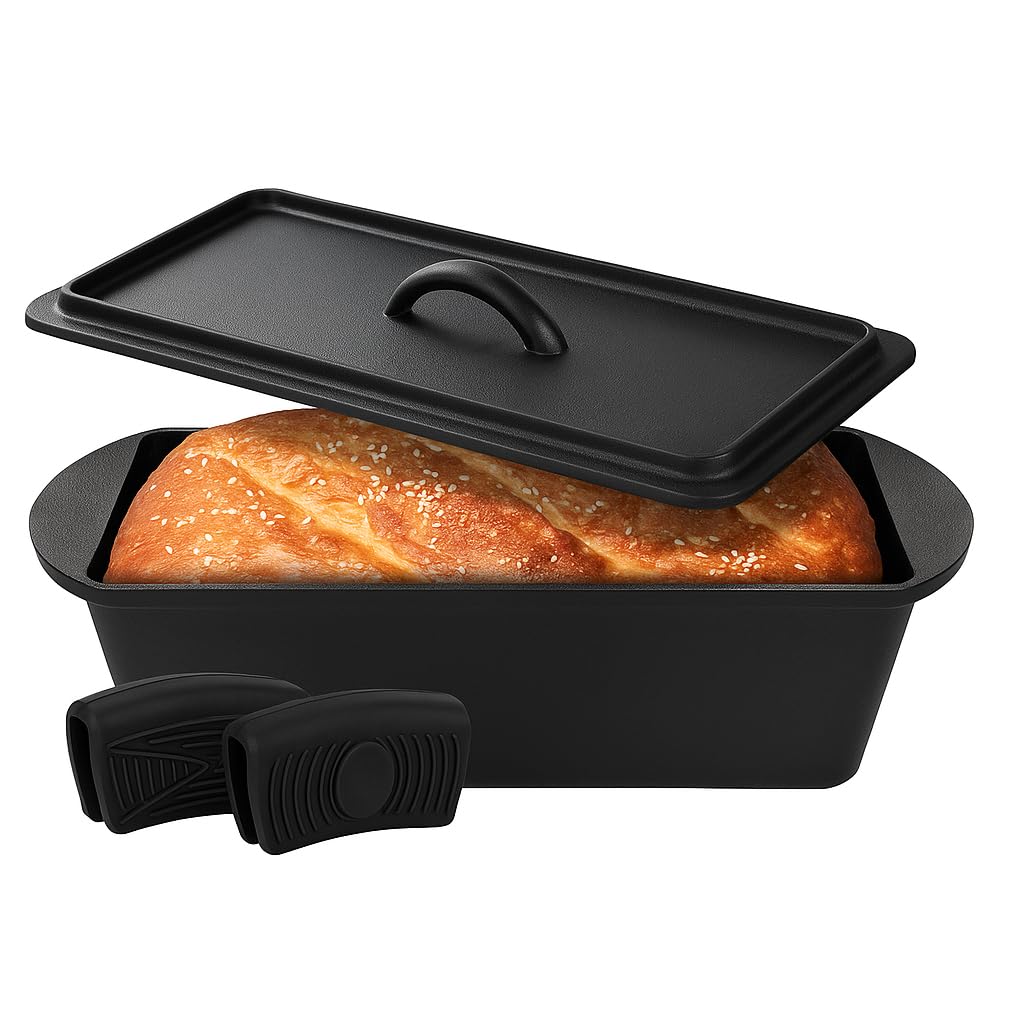 XENIA Brotbackform mit Deckel 28cm - Inkl. Silikongriffe - Gusseisen Kastenform für Brot & Sauerteig - 3L Dutch Oven & Bräter rechteckig - Brottopf für Induktion & Backofen geeignet