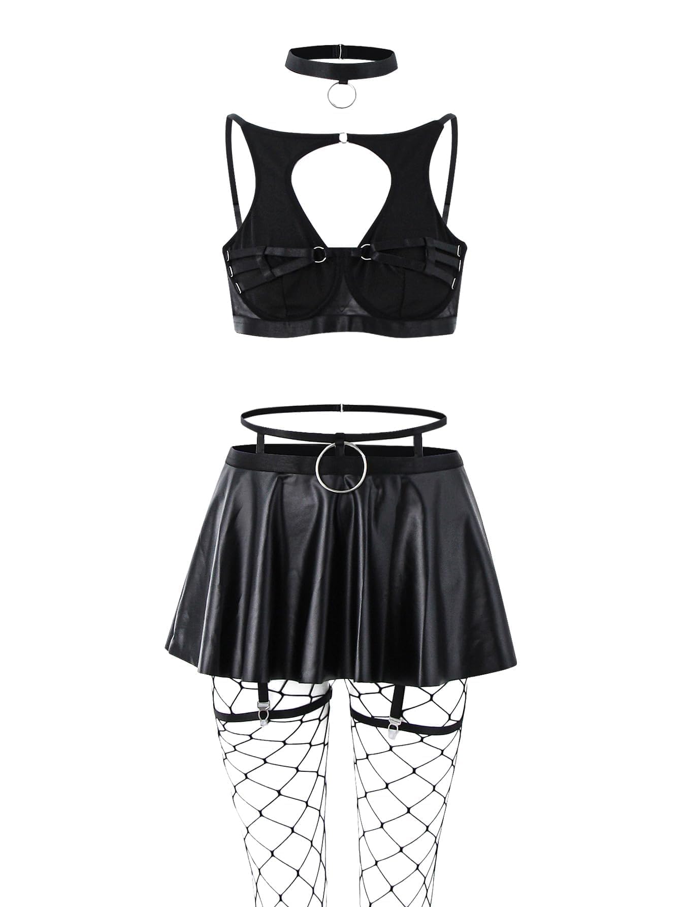 Lilosy Sexy Stocking Chocker Strappy Underwire O Ring Push Up Garter Belt Women Skirt 5 Piece: XX-Small Black
