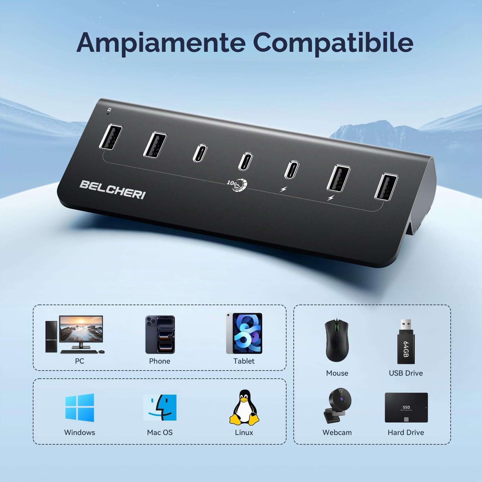 Hub USB C a 7 porte con alimentatore, USB 3.2 Gen 2, 10 Gbit/s ad hub, splitter di prolunga in alluminio con alimentatore da 5 V 3 A, 3 porte USB C e 4 porte USB-A, supporta la ricarica BC1.2