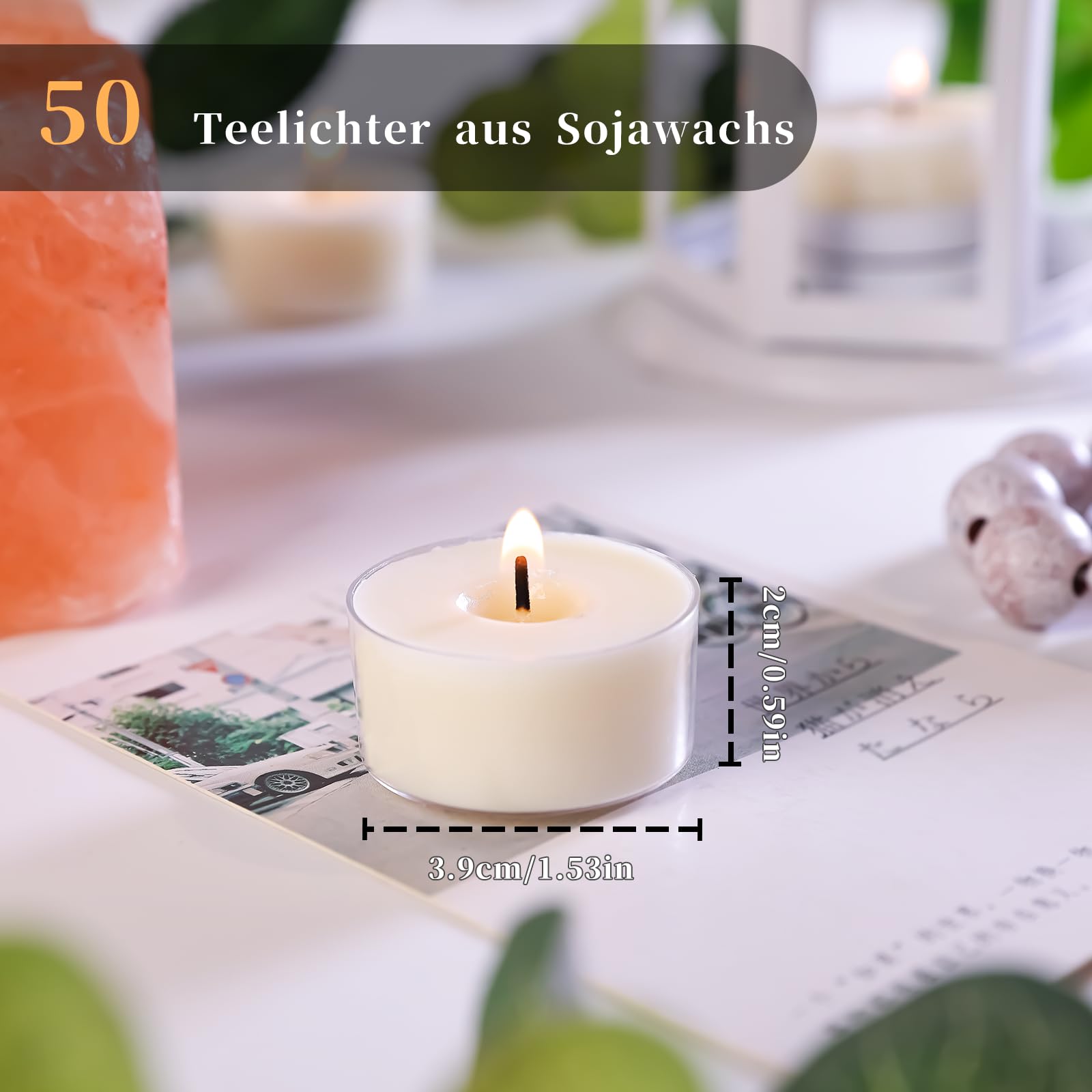 50 lumini naturali inodore in 100% cera di soia, 6 ore di durata, senza paraffina, atossici, vegani, in tazza trasparente