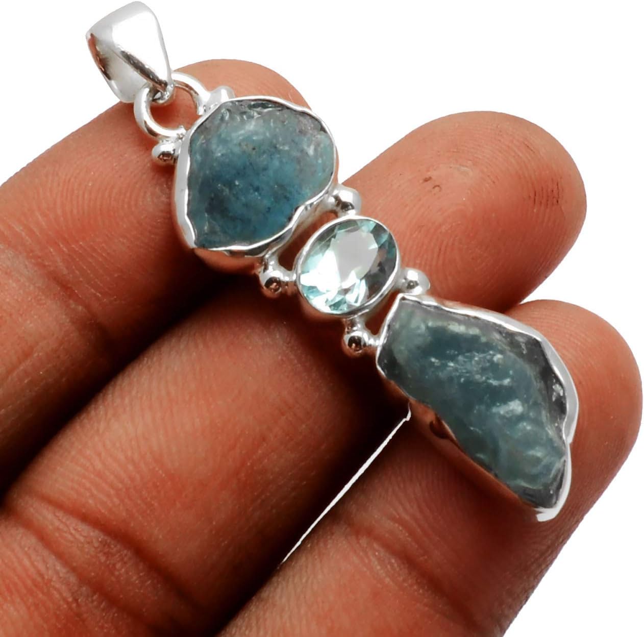 925 Sterling Silver Bezel Set Aquamarine Rough & Blue Topaz Pendant Jewelry image 4