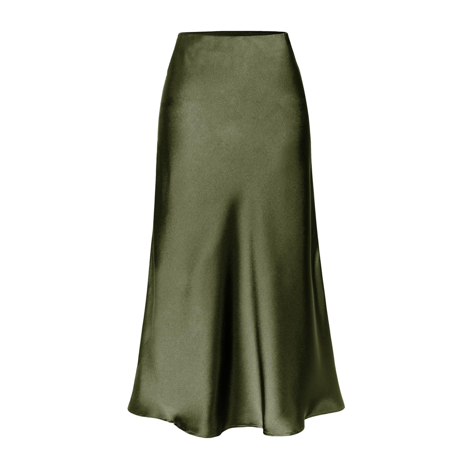Womens Satin High Waisted Midi Skirt Hidden Elasticized Waistband Silk Slit A Line Long Skirts