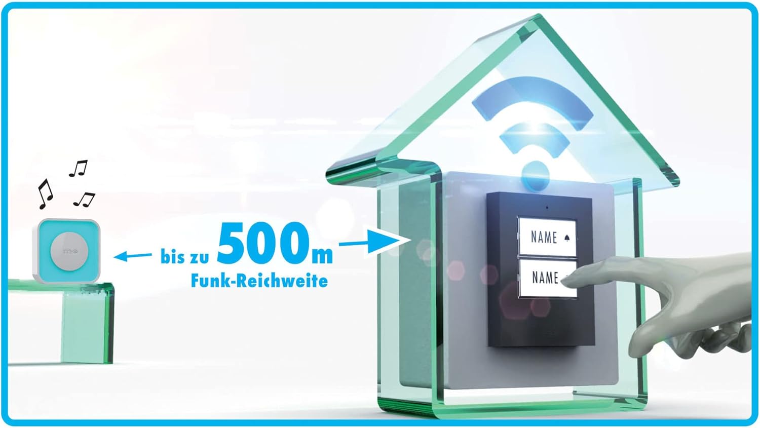 Diagram illustrating the 500-meter wireless range of the doorbell receiver from a doorbell button.