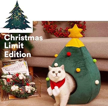 Christmas Cat Beds - Xmas Tree Shaped Cats House Igloo Beds Portable Green Pet Cave Bed for Kitten 38cm x 38cm x 50cm