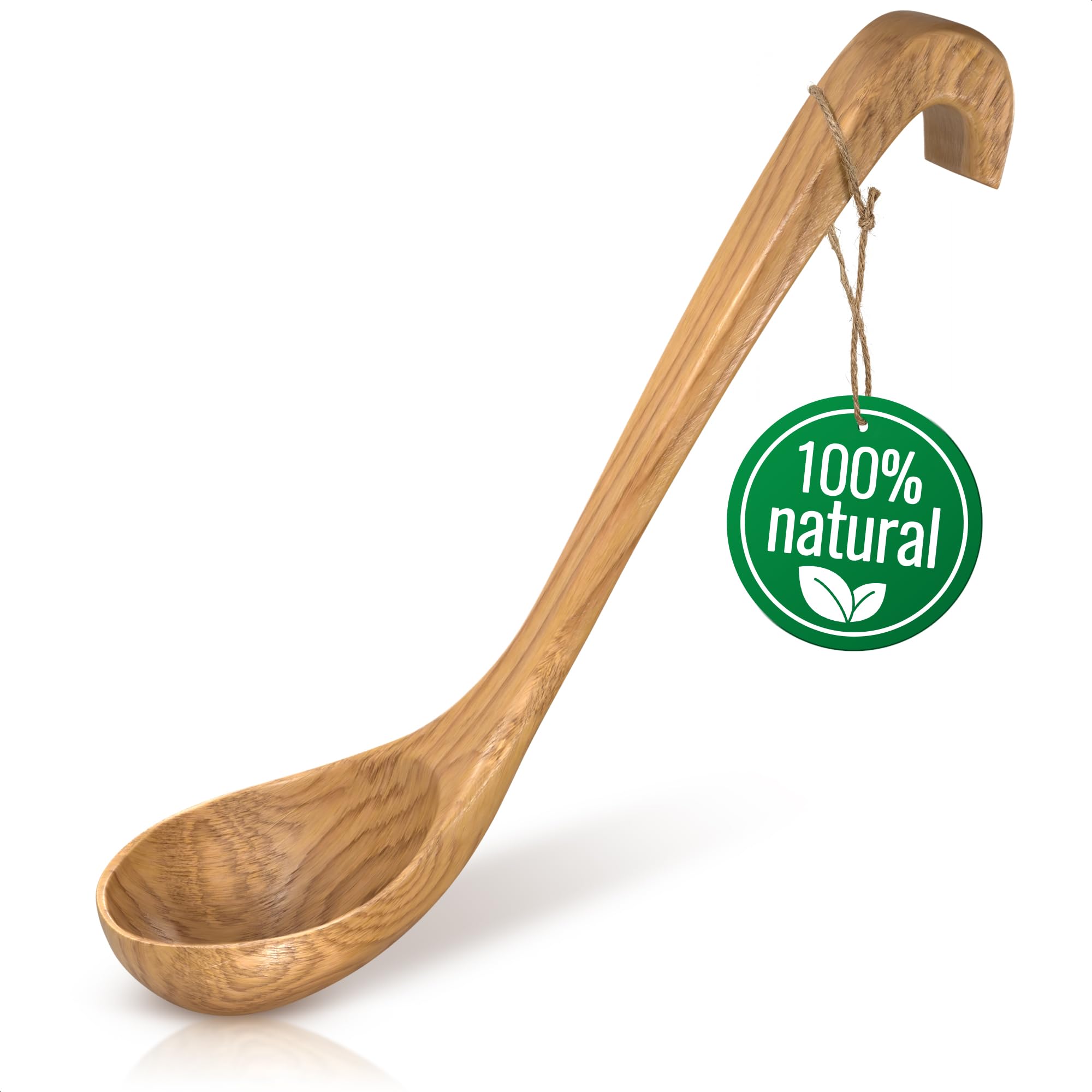 Wooden Ladle for Soup - 10.8x2.8" Deep Bamboo Ladle for Cooking and Serving, Comfortable Grip, Hook-End Handle for Storing - Easy-to-Clean Spoon that Doesn't Conduct Heat