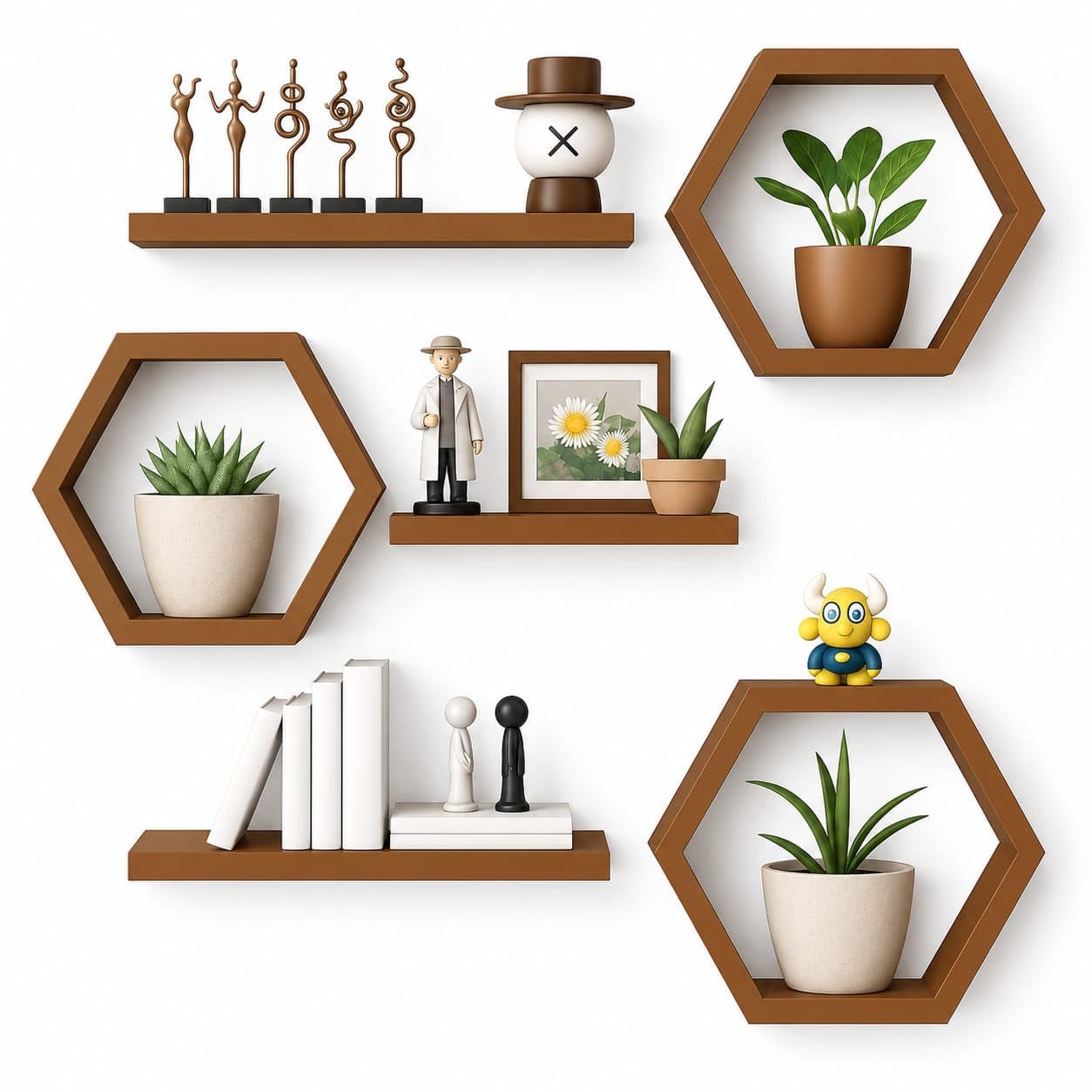Wall Shelf for Home Decor Wooden Floating Wall Mounted Shelf MDF Hexagon Design Decorative Storage Rack for Living Room Bedroom Office Kitchen Brown Finish Modern Display Organizer-image-35