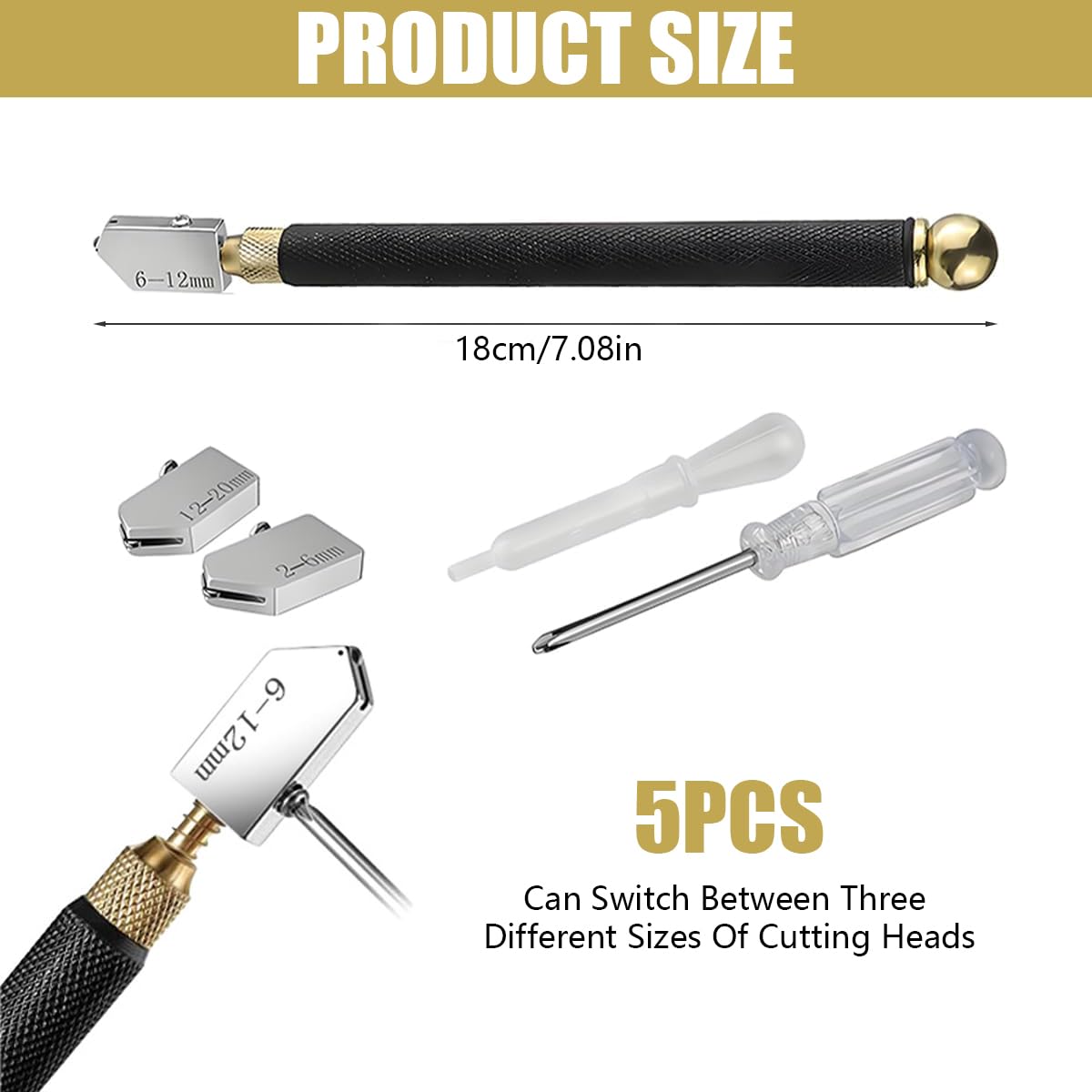 Glass Cutter Kit, 5 Pcs Professional Glass Cutting Tool with Replaceable 3 Carbide 2mm-20mm Cutting Heads - Image 2