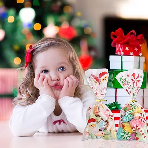 Miniatura 6 de STEFORD 144 bolsas de celofán de Navidad, bolsa de celofán transparente de Navidad con 210 lazos giratorios para recuerdos de fiesta de Navidad