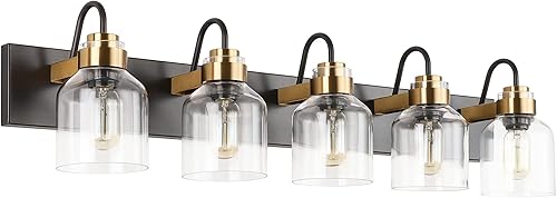 PRESDE Lámparas de tocador de baño bronce cepillado negro vanidad 5 luces para iluminación de pared de baño