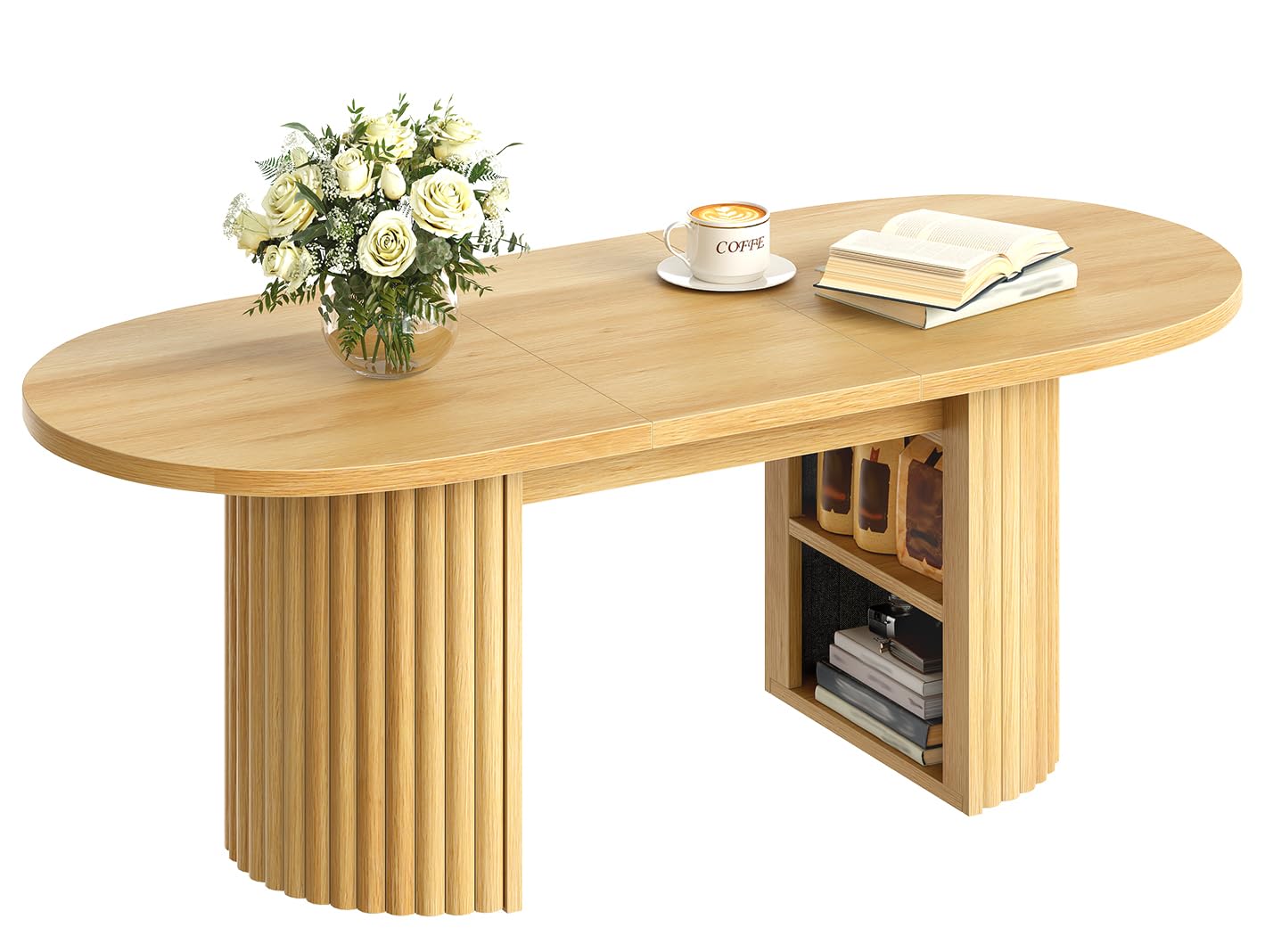 Extendable Coffee Table 47 2 Inches Modern Center Table with 2-Tier Hidden Storage Shelf Oval Fluted Coffee Table