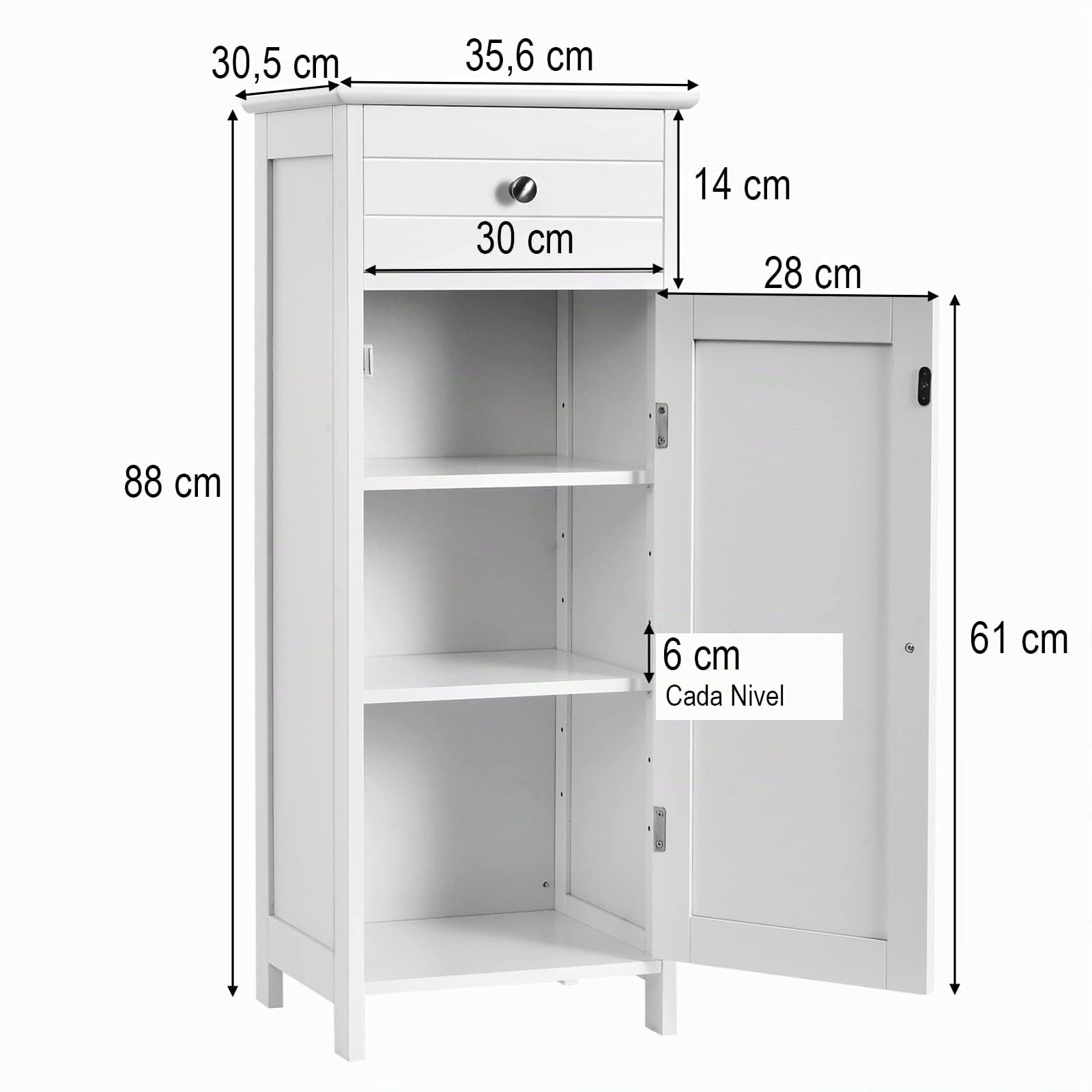 COSTWAY Armario de Pie para Baño Organizador, Madera con Cajón Mueble Aparador Lateral para Cocina Salón Almacenamiento 35.6 x 30.5 x 88cm (Blanco)