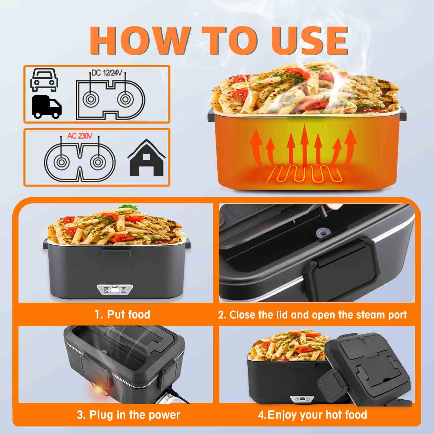 Gamelle Chauffante 2,5L 100W Lunch Box Chauffante Boite Chauffante Repas Acier Inoxydable Détachable pour Voiture Camion Bureau 12V/24V/230V avec Sac(2.5L-Noir)