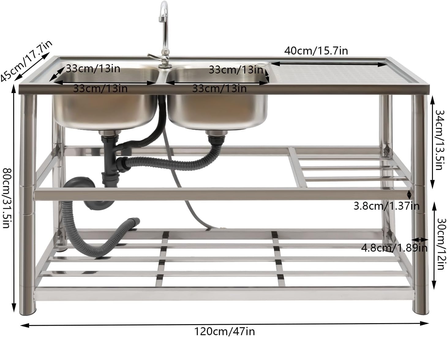 Évier complet autoportant en acier inoxydable - Double évier avec robinets froids et chauds - 2 bacs - 120 x 45 x 80 cm