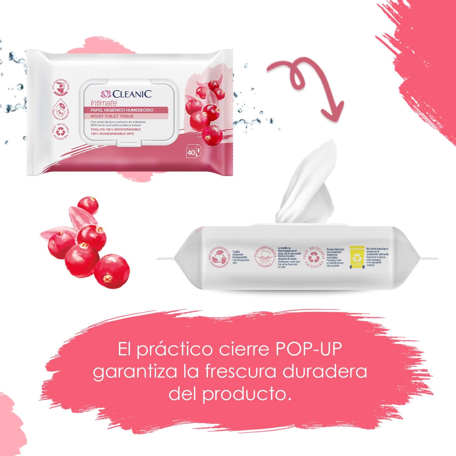 Cleanic Intimate Papel Higiénico Húmedo desechable - combina papel húmedo y toallitas. Limpia la zona íntima con extracto de arándano y prebiótico. 640 unidades (16x40)