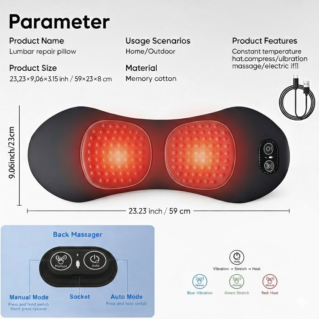 3 in 1 Back Massager for Spine and Lower Back, Electric Lumbar Massager with Heat, Spine Massage Pillow with Traction Support for Home and Office Comfort (Grey)