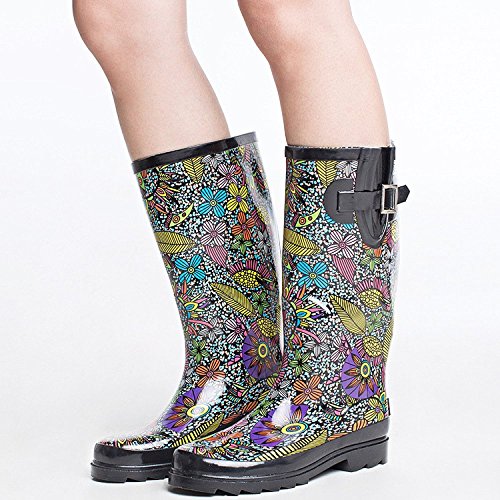 SheSole Waterproof Garden Shoes Rubber Rain Boots for Women Mid Calf Tall Galoshes Wellies Floral Printed Black US Size 7 - Thumbnail 3