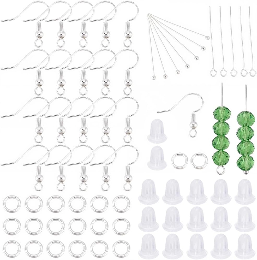 Beebeecraft 5 Style 260Pcs Sterling Silver Plated Earring Making Kit Include 20Pcs Fish Earring Hooks Earwires 20Pcs Eye Pins 20Pcs Ball Head Pins 100Pcs Jump Rings 100pcs Ear Nuts for Jewelry Making