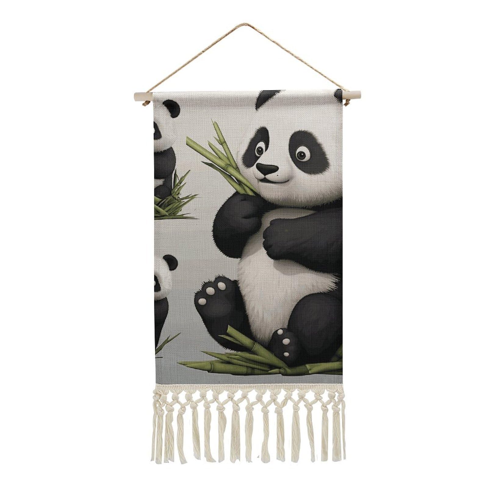 BTCOWZRV Cotton And Linen Hanging Poster with Tassels, Panda Wall Hanging Tapestry Vintage Wall Art Painting Modern Artwork Decoration for Home Decor Ready to Hang 10x19.6 in