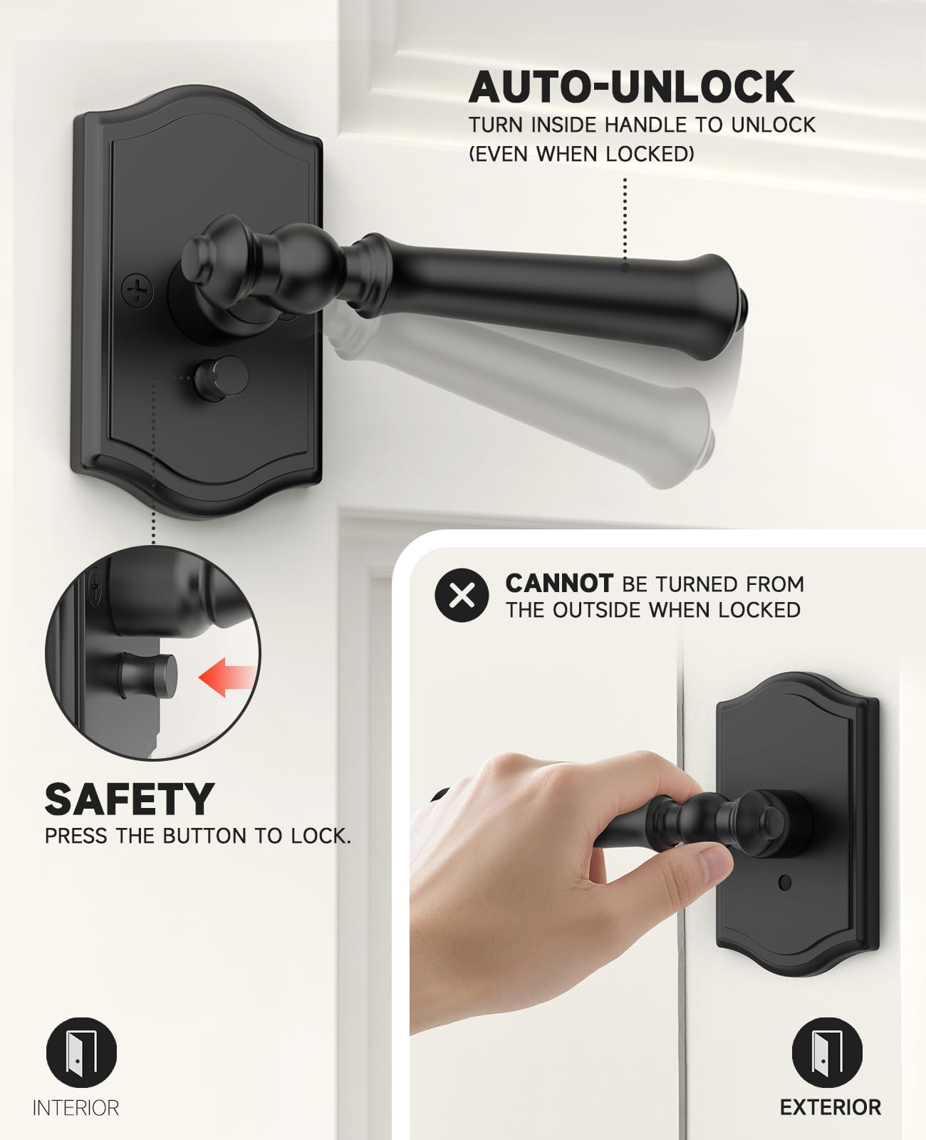 Matte Black Privacy Door Handles - Keyless Entry -8 Matte Black Privacy Door Handles - Keyless Entry -8