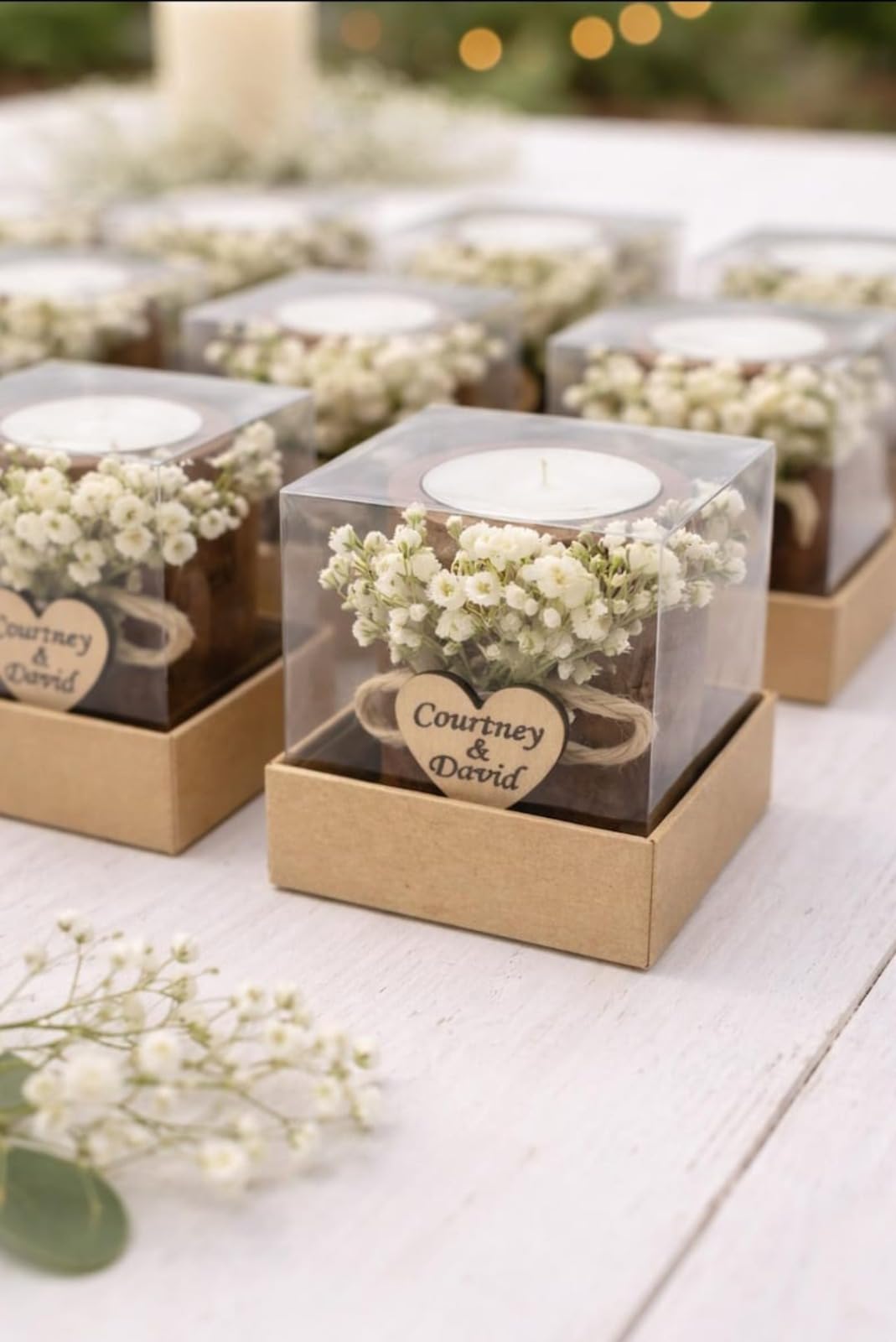 Personalisierte Kerzen, Hochzeitsgeschenke für Gäste, rustikales Holz-Teelichthalter-Set mit Namen und Datum, Dankeschön, Babyparty/Brautparty, Gastgeschenke für Gäste (50 Stück)