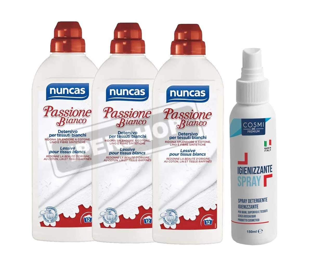 NUNCAS SET 3 PASSIONE BIANCO DETERSIVO PER TESSUTI BIANCHI + COSMI IGIENIZZANTE SPRAY 150 ML