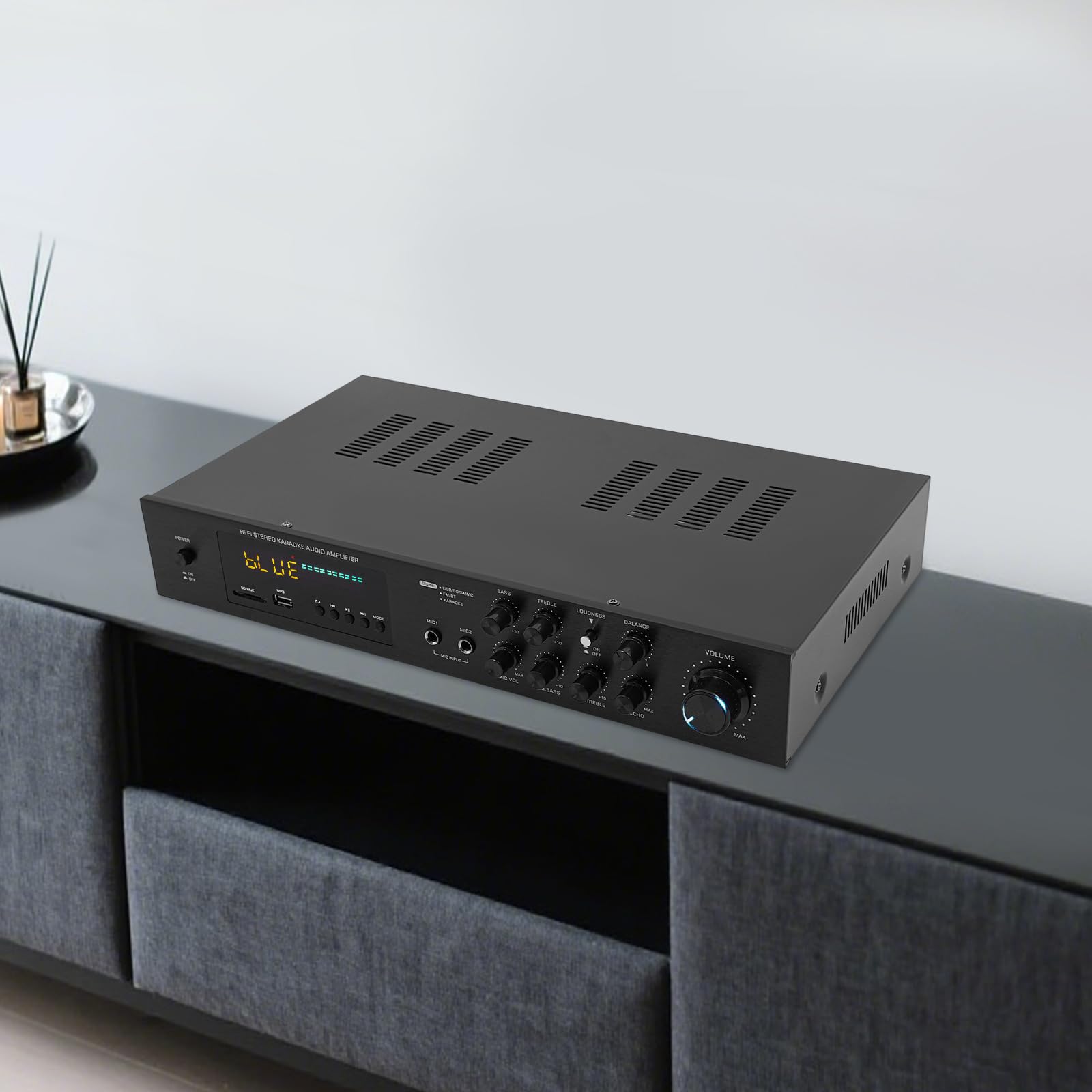 Amplificador Bluetooth de 600 W, amplificador de audio con 2 entradas de micrófono, radio SD/USB/AUX/FM, factor de distorsión armónica del 0,05%, receptor estéreo HiFi para karaoke y entretenimiento