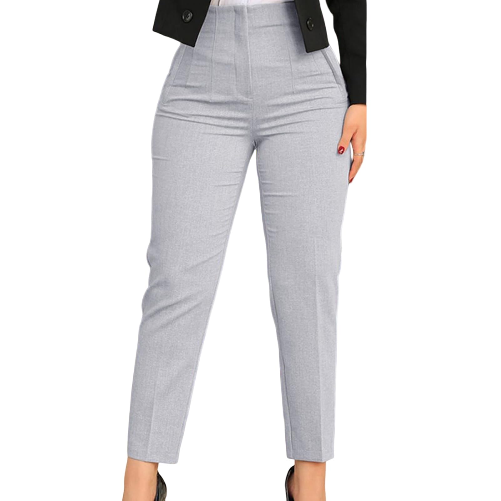Office Pants High Waist Pleated Pockets Ninth-Length Women Trousers Solid Color Straight Leg Suit Pants Women Trousers Work