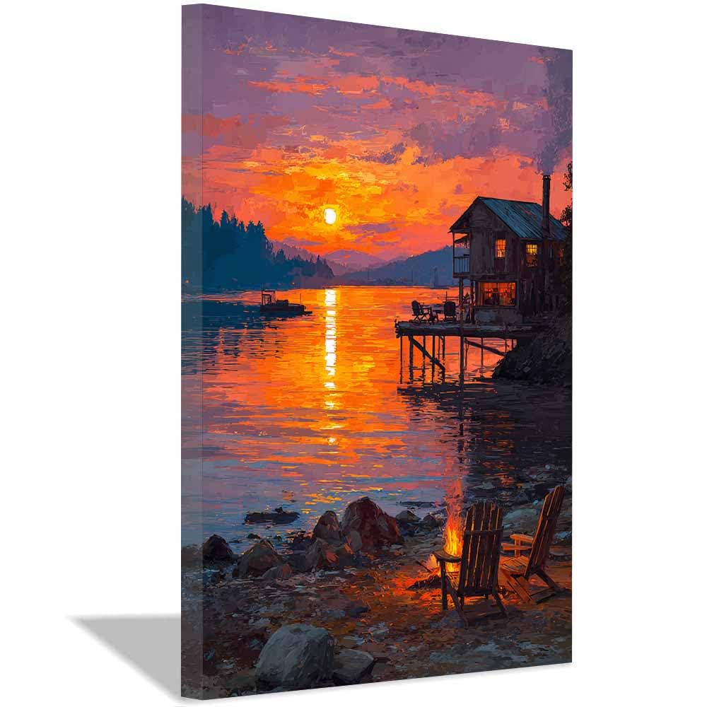 HOQIU Canvas Wall Art Lake Sunset Cabin canvas art, art print, house decor, bedroom wall decor above bed, prints for living room.(Multicolor)-30x40cm Framed