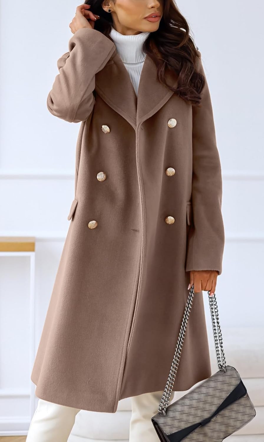 chouyatou Women's Winter Lapel Double Breasted Office Work Long Wool Pea Coat Overcoat - Image 2