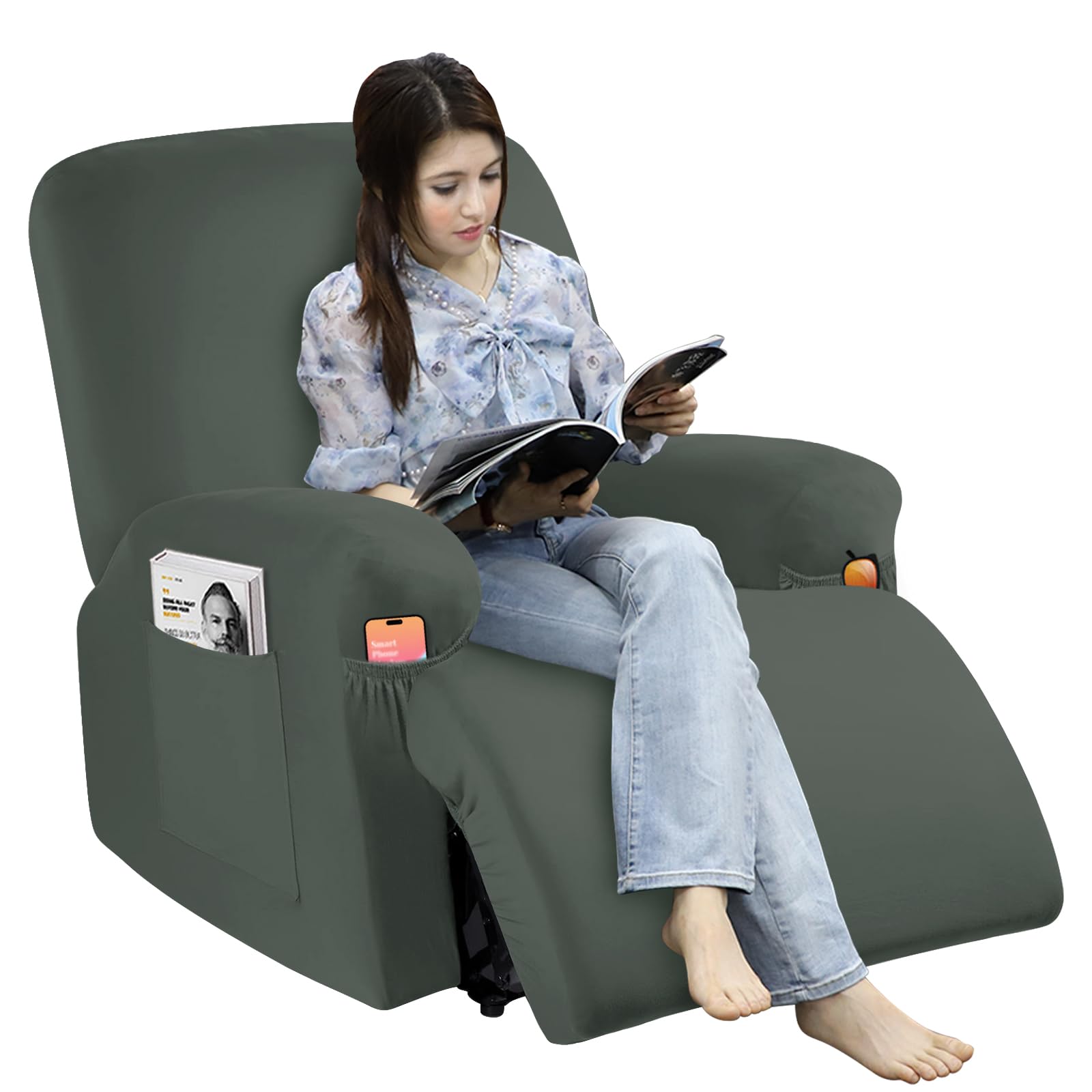 WINCREW Recliner-Slipcovers 4 Pieces Stretchable 1-Person Protective Cover,Broad Body Ultra Soft Fabric Non Slip for Recliner Chair with Pocket (XL,Grayish Green)