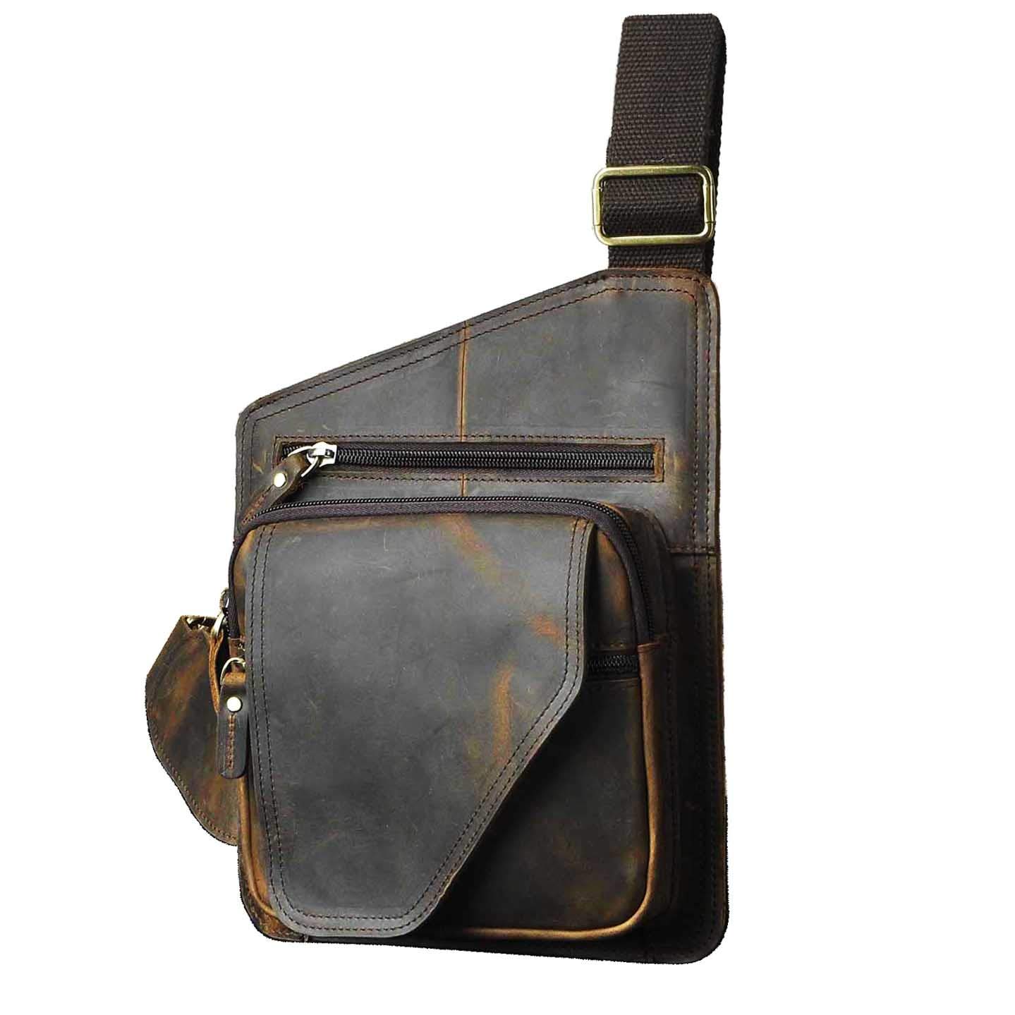 Le’aokuu Herren Echtes Leder Brusttasche Crossbody Bag Sling Bag Schultertasche Gurteltasche Umhängetasche Rucksack Brustbeutel Für Outdoor Sport Reisen B214 (B214 Dunke Braun 2)