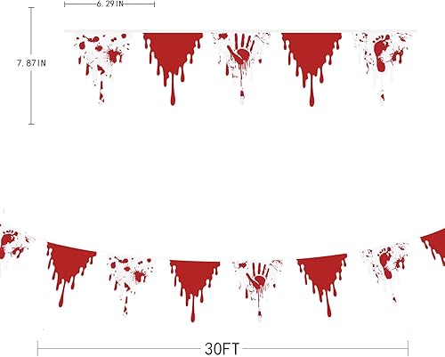 Miniatura 7 de Decoraciones de fiesta de Halloween de 30 pies, huella de mano sangrienta roja, bandera triangular, banderines de tela, serpentinas para feliz